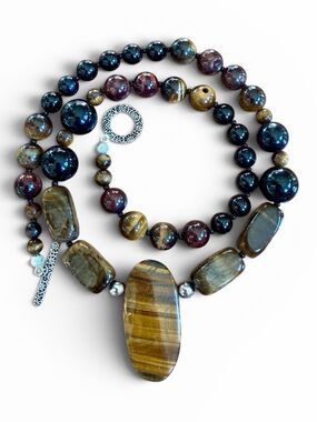 Handmade Tiger Eye and Onyx Genuine GemStone Necklace Tigers Eye Pendant 925